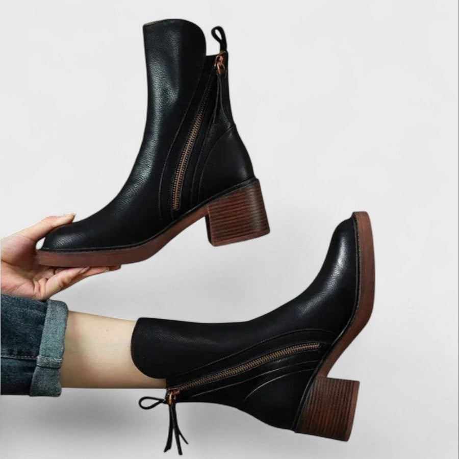 Classic Leather Ankle Boots with Side Zipper and Block Heel