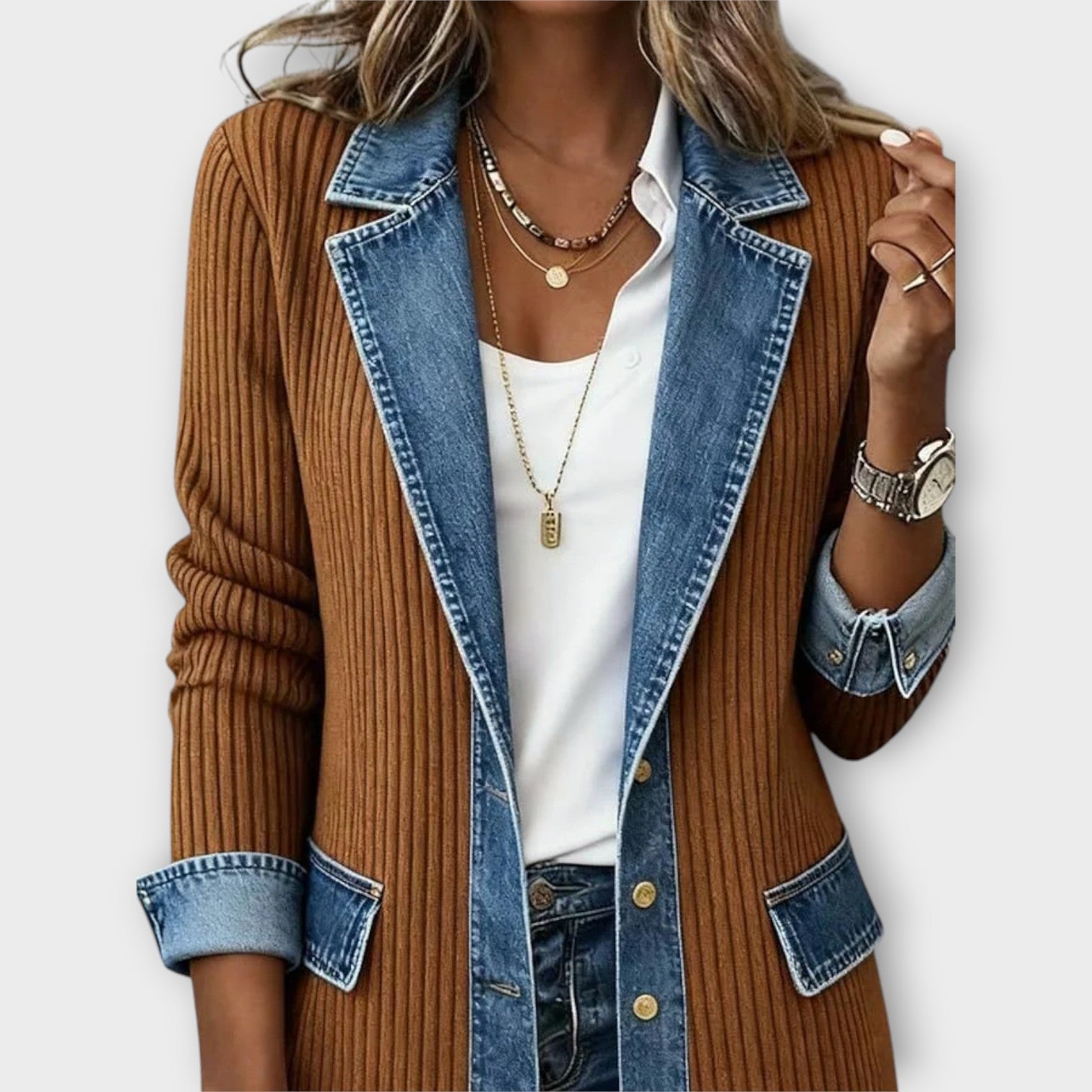 Denim-Trim Ribbed Knit Blazer