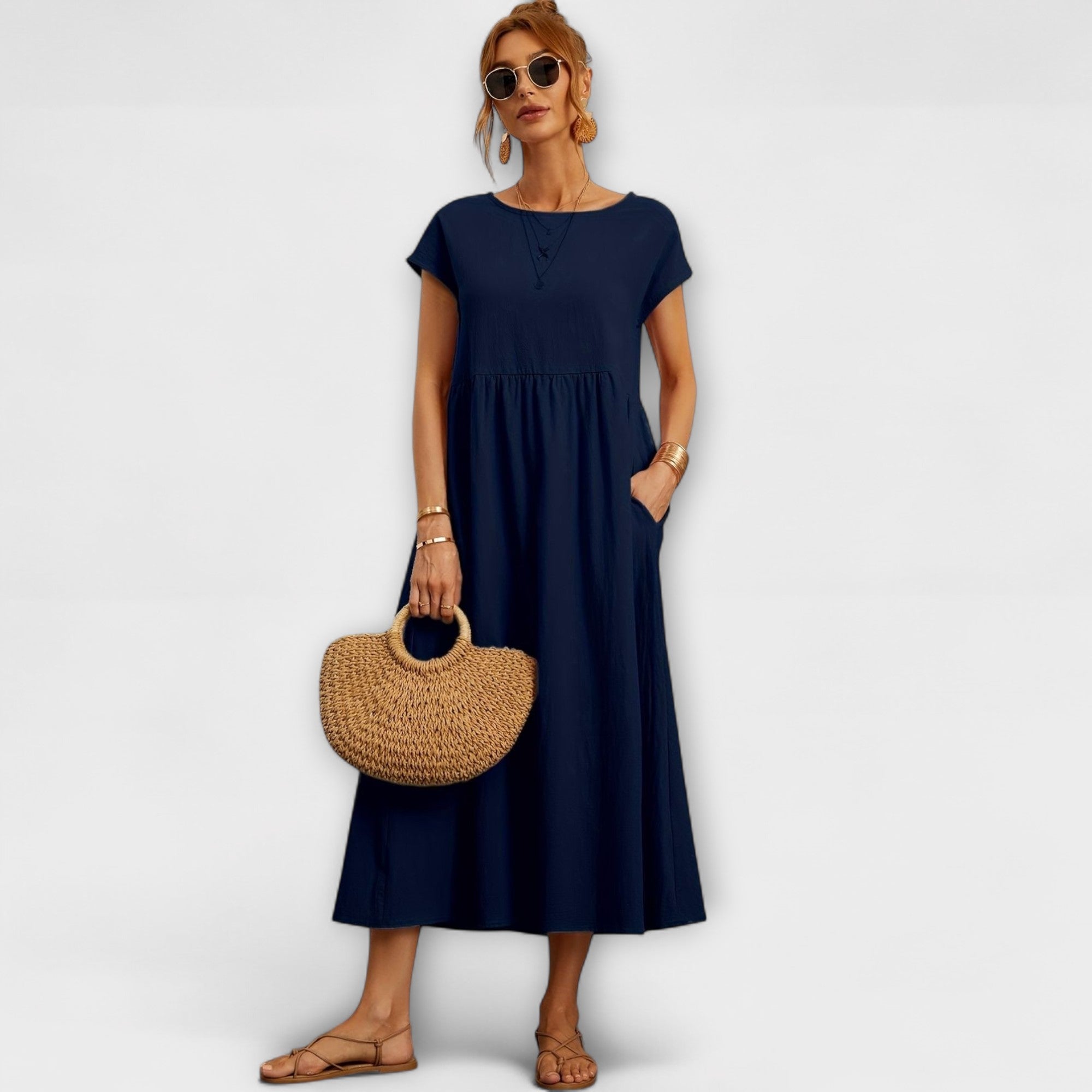 Midi Dress with Simple Line and Side Pockets