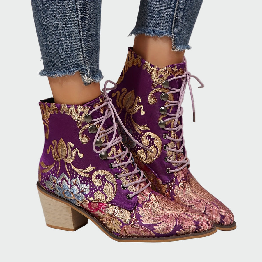 Leather Ankle Boots with Flowers