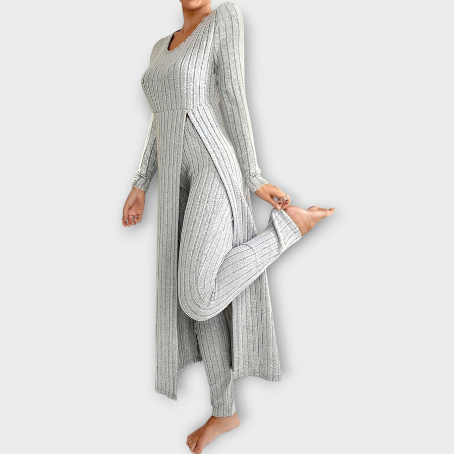 Ribbed Knit Lounge Set with Split Tunic